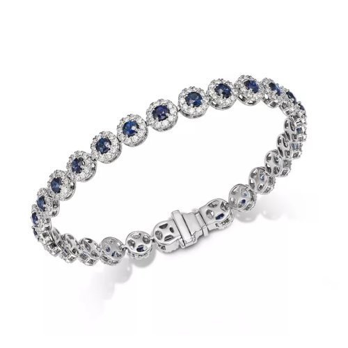 Blue Sapphire & Diamond Halo Tennis Bracelet in 14K White Gold