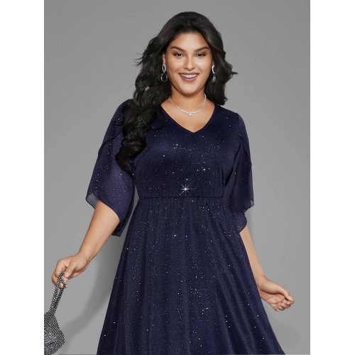 Glitter Mesh Petal Sleeve Midi Dress