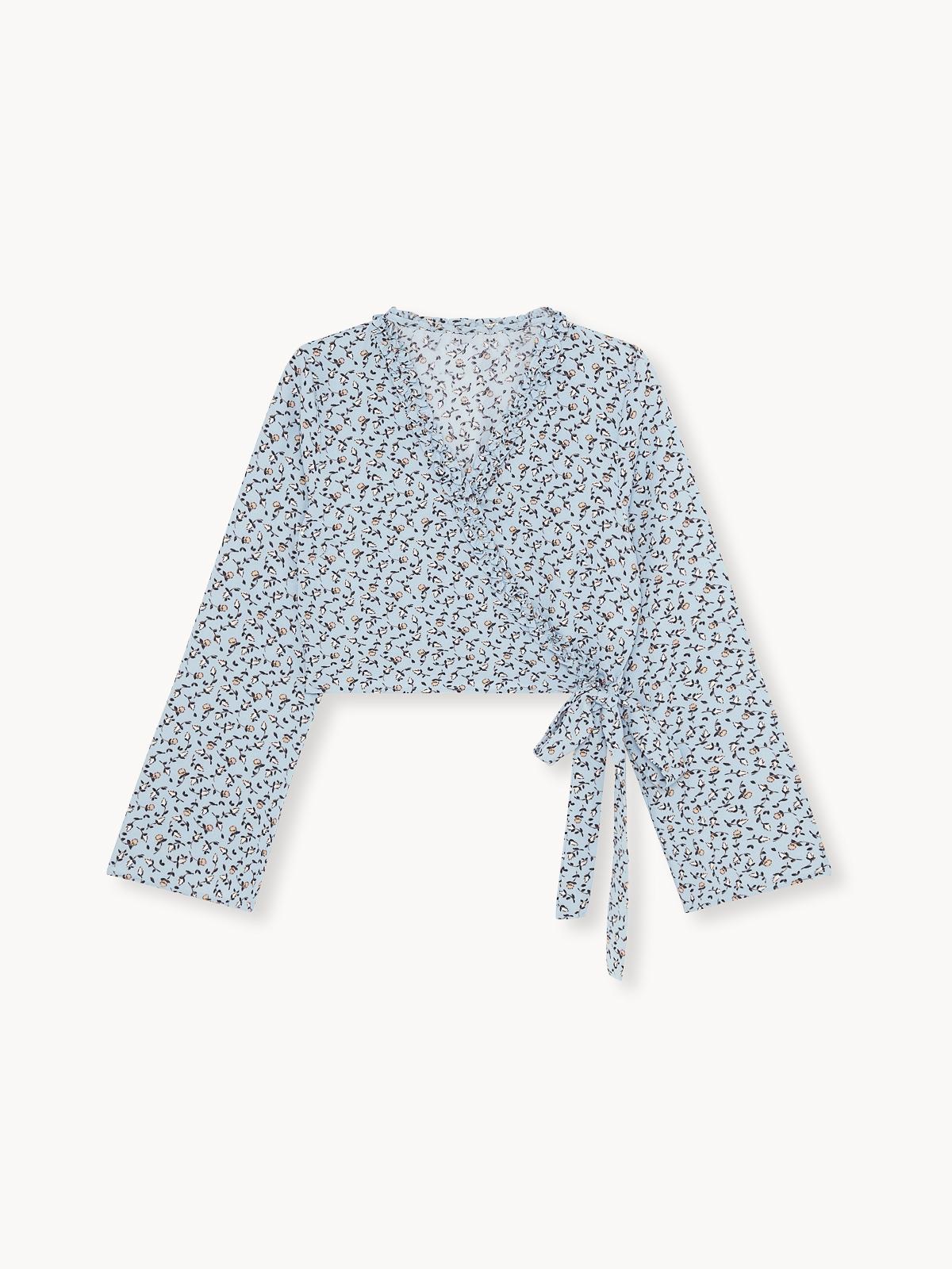Floral Bell Sleeve Wrap Blouse - Blue