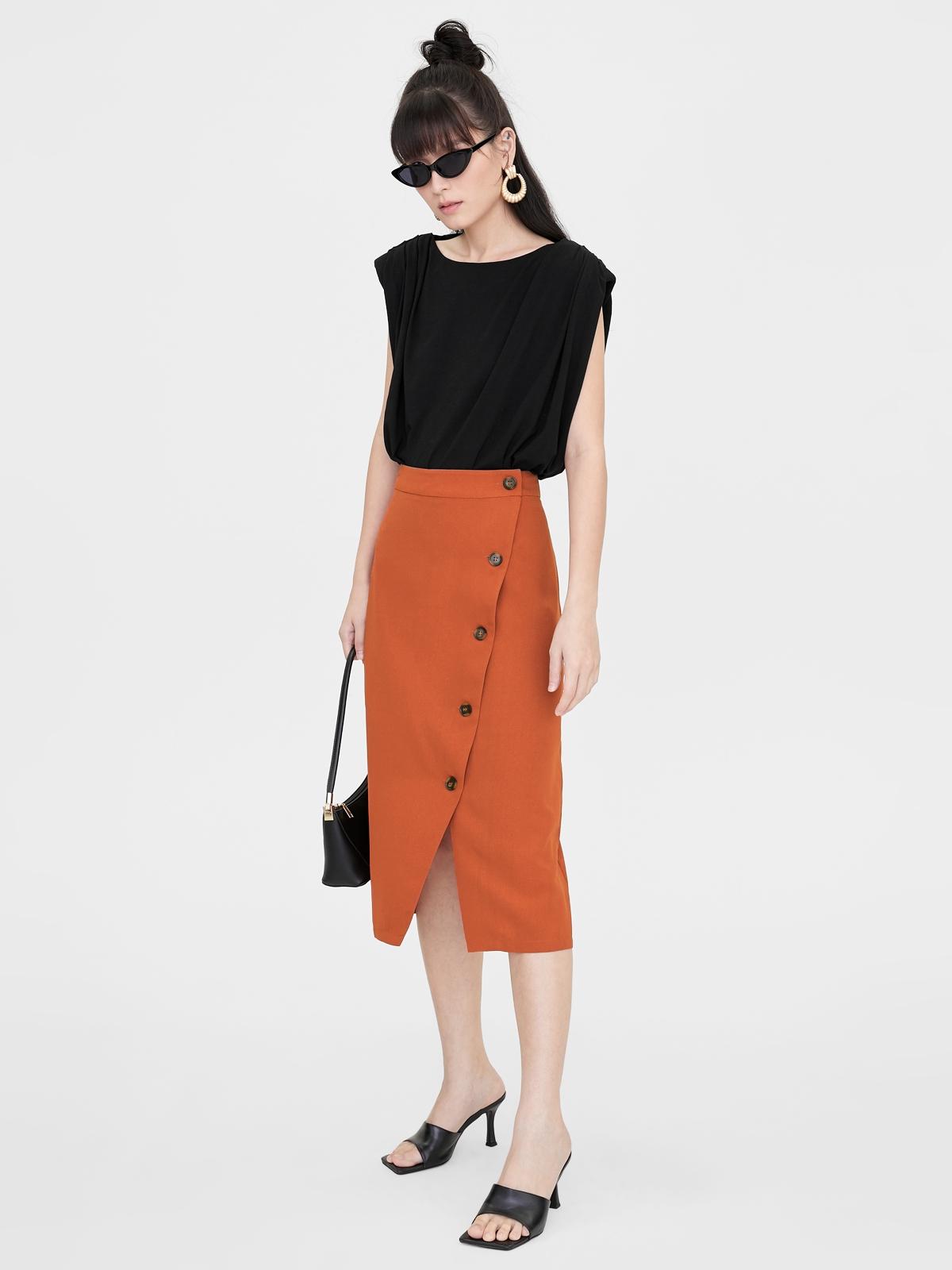 Wrap Tortoise Button Up Skirt - Brown