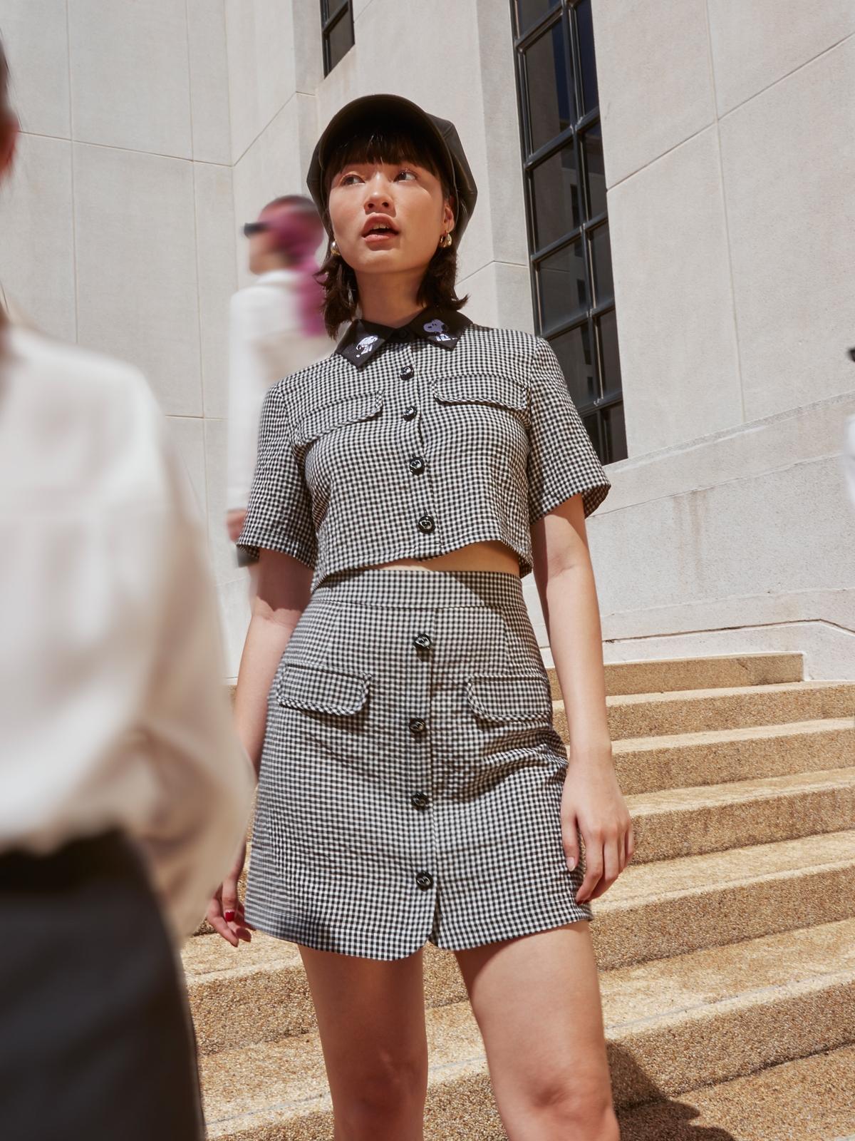 Gingham High Waist Skirt - Black/White