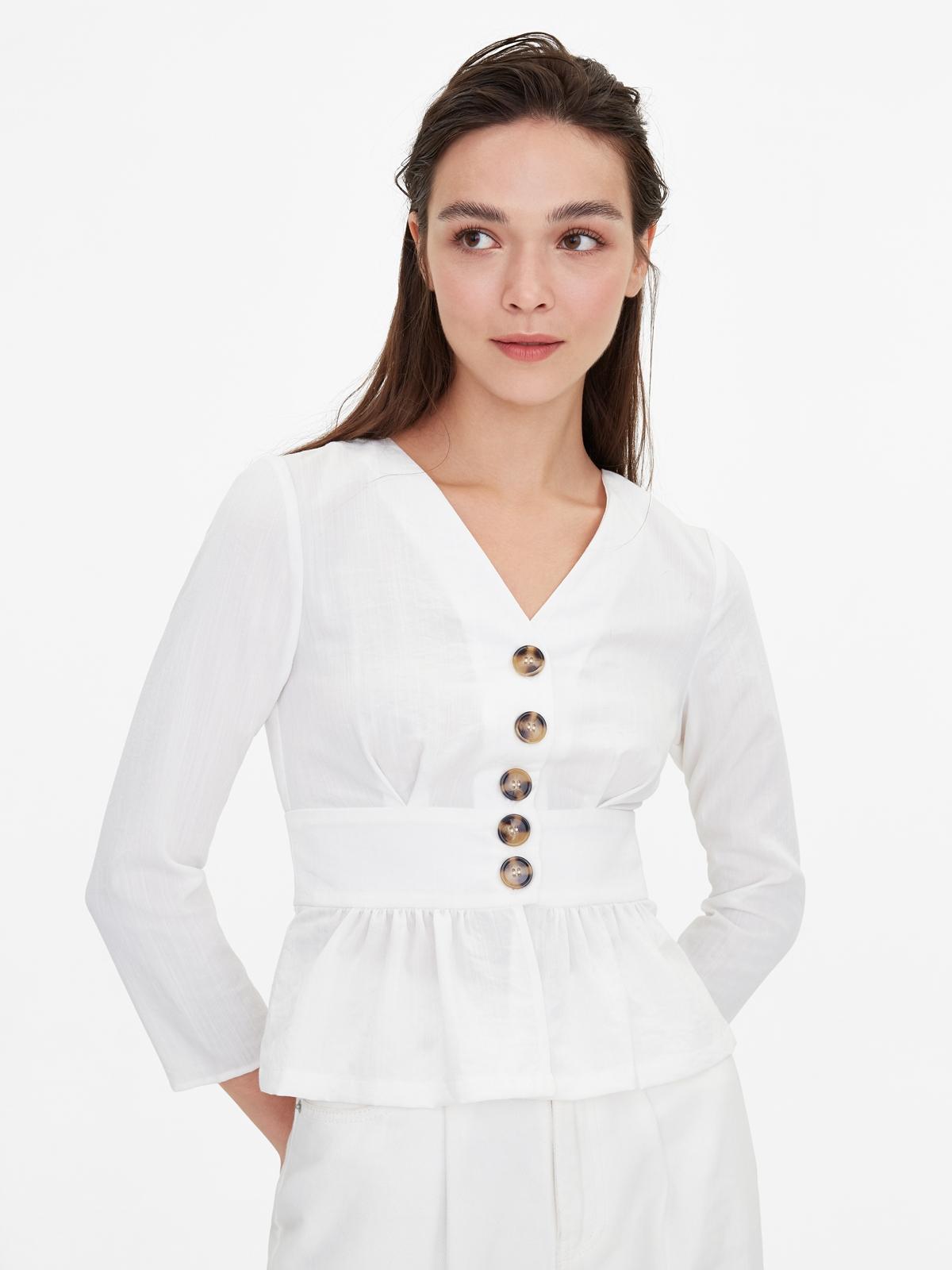 Tortoise Button Peplum Blouse - White