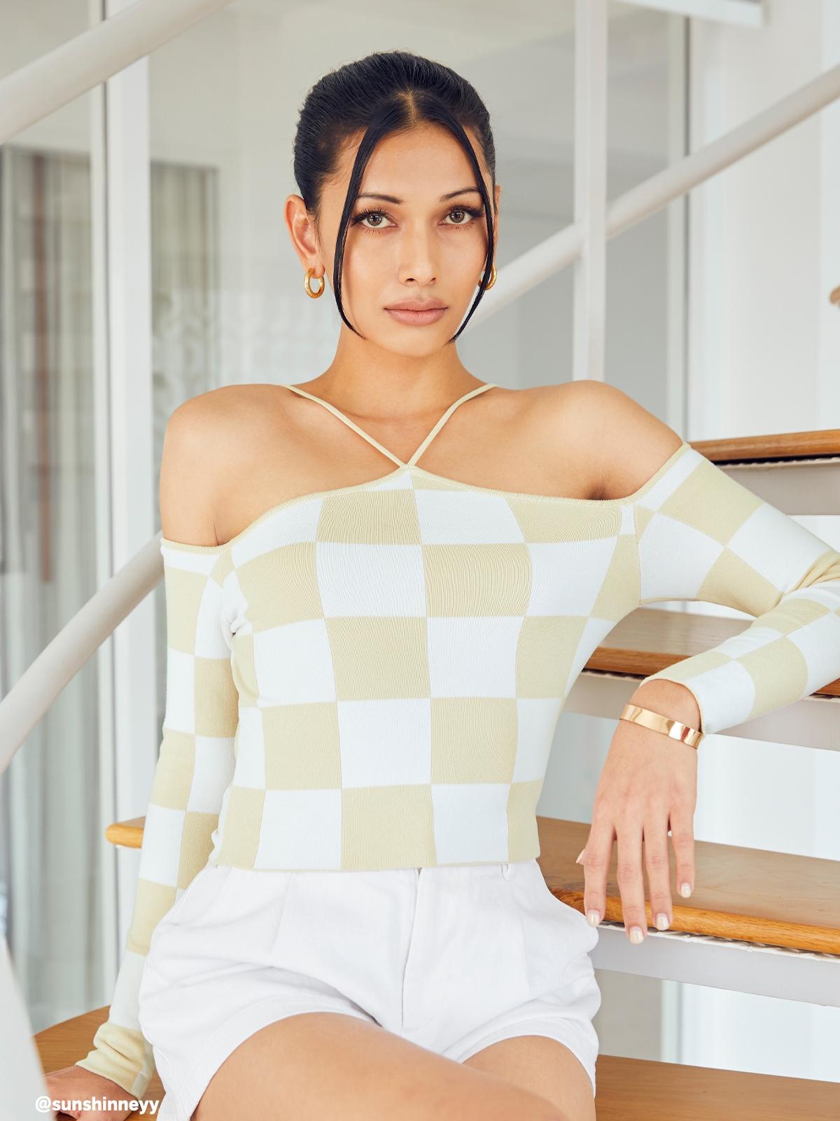 Checkered Cold Shoulder Top - Beige