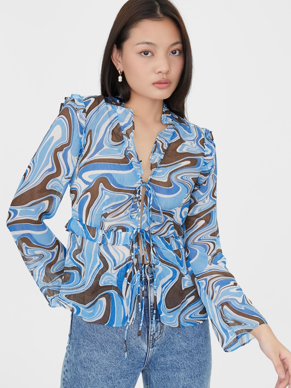Wave Print Tie Front Blouse - Multi Color