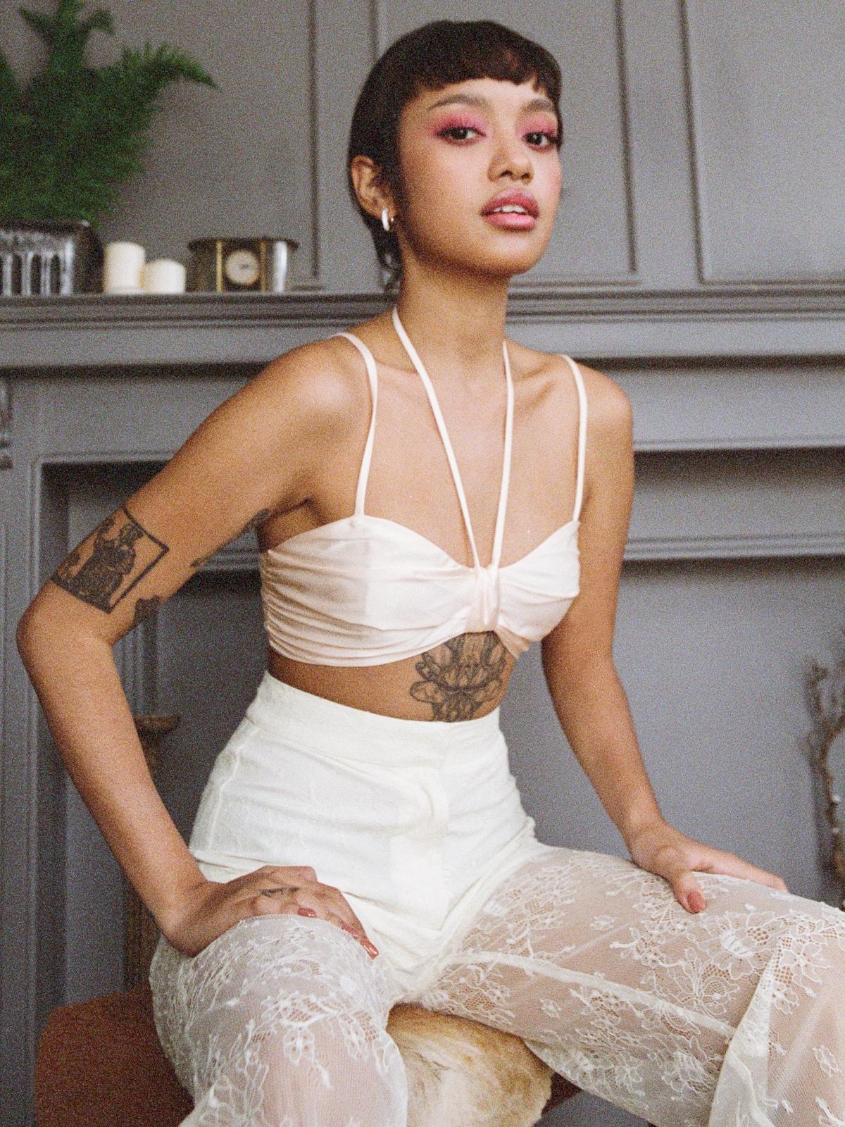 Neck Tie Cropped Bralette - Cream