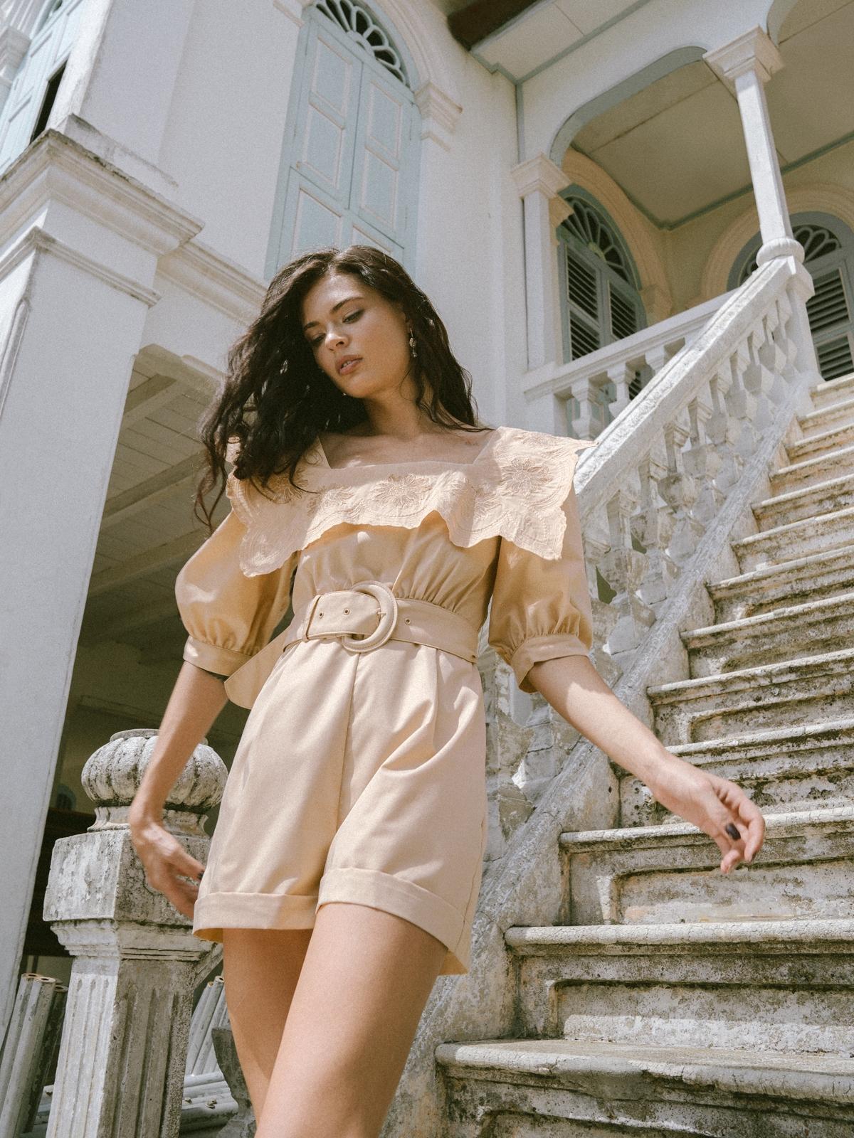 Square Neckline Belt Romper - Beige