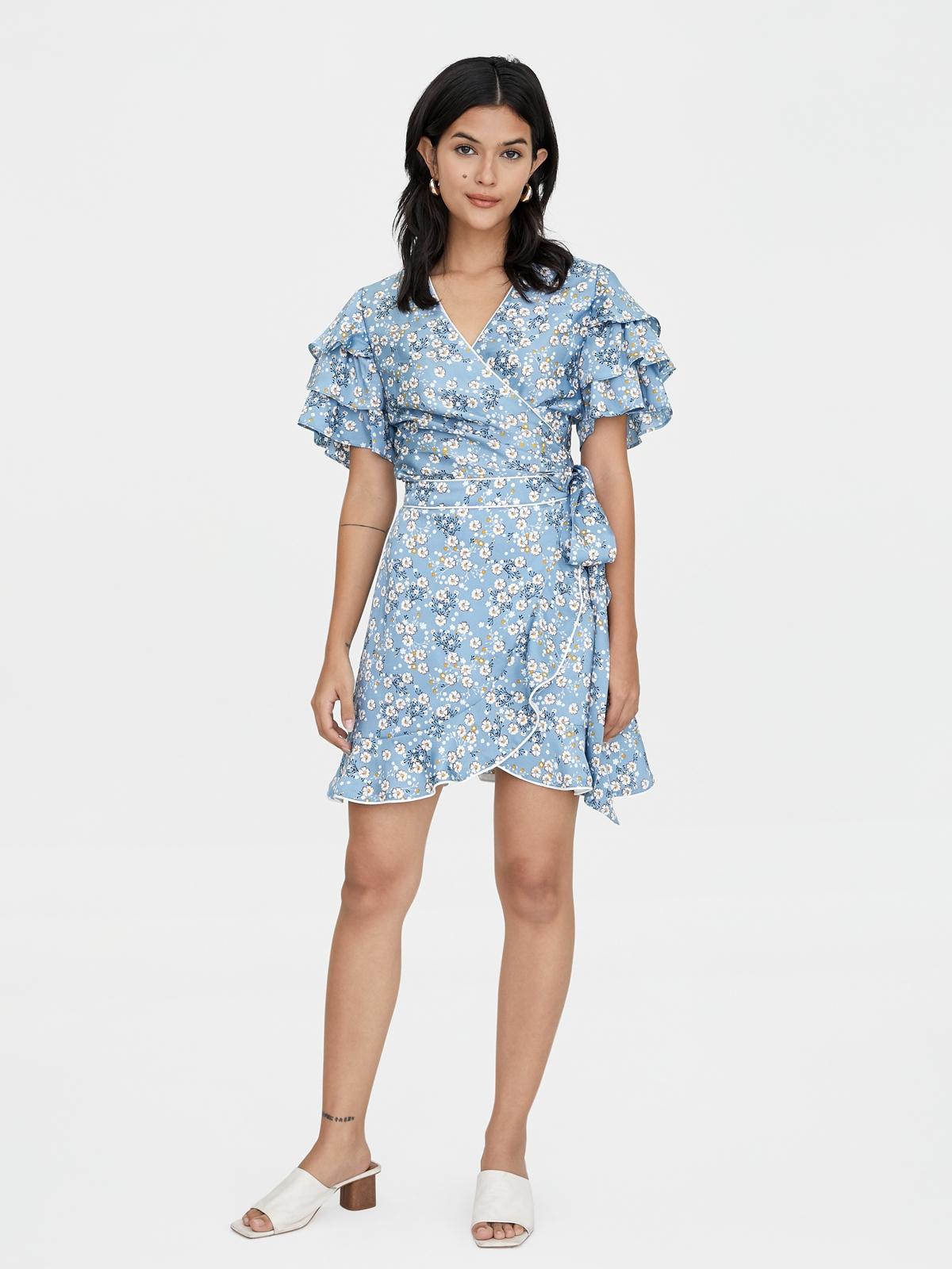 Ruffled Sleeve Floral Wrap Blouse - Blue