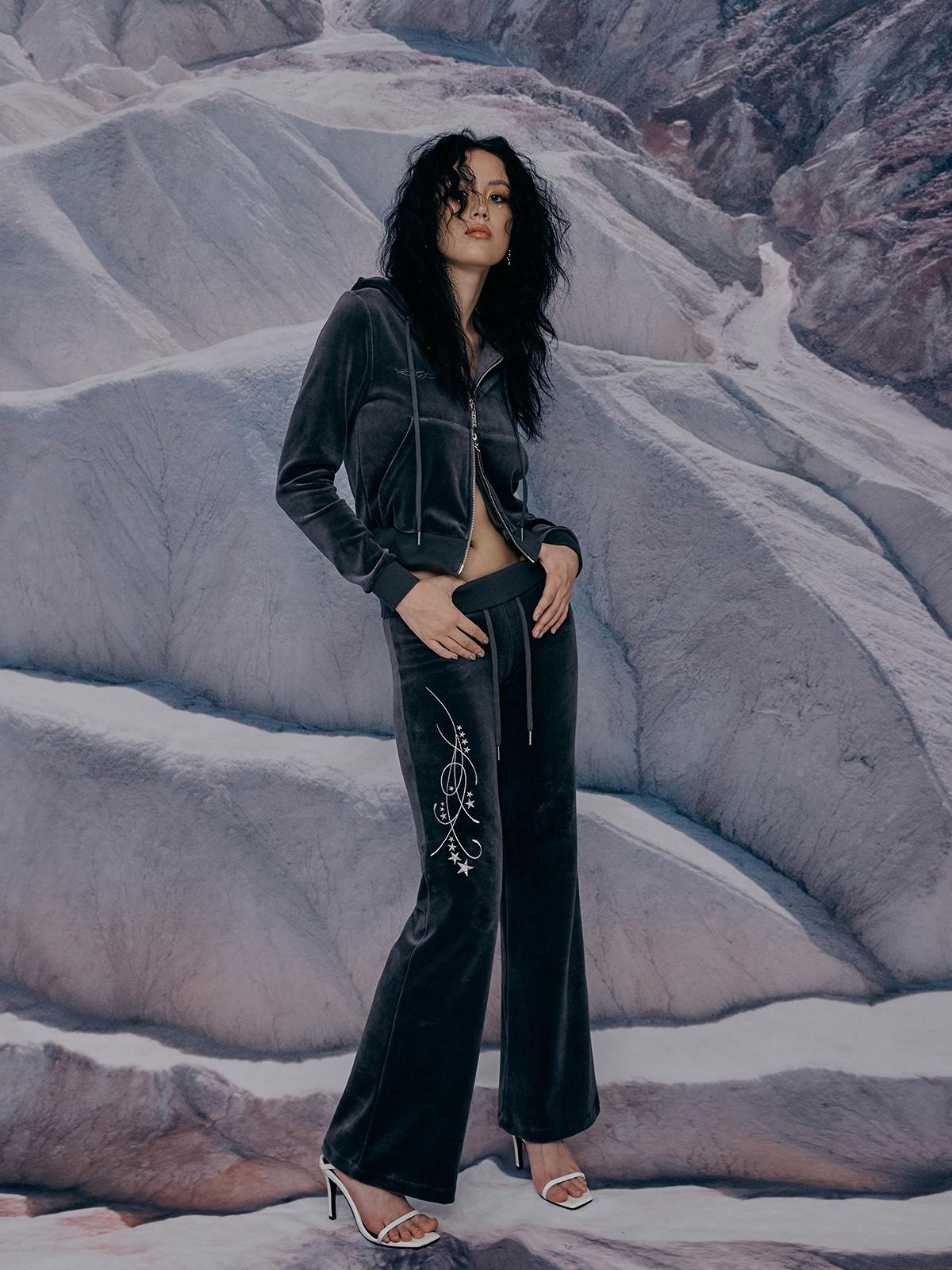 Star Velvet Hoodie Zip Up - Charcoal