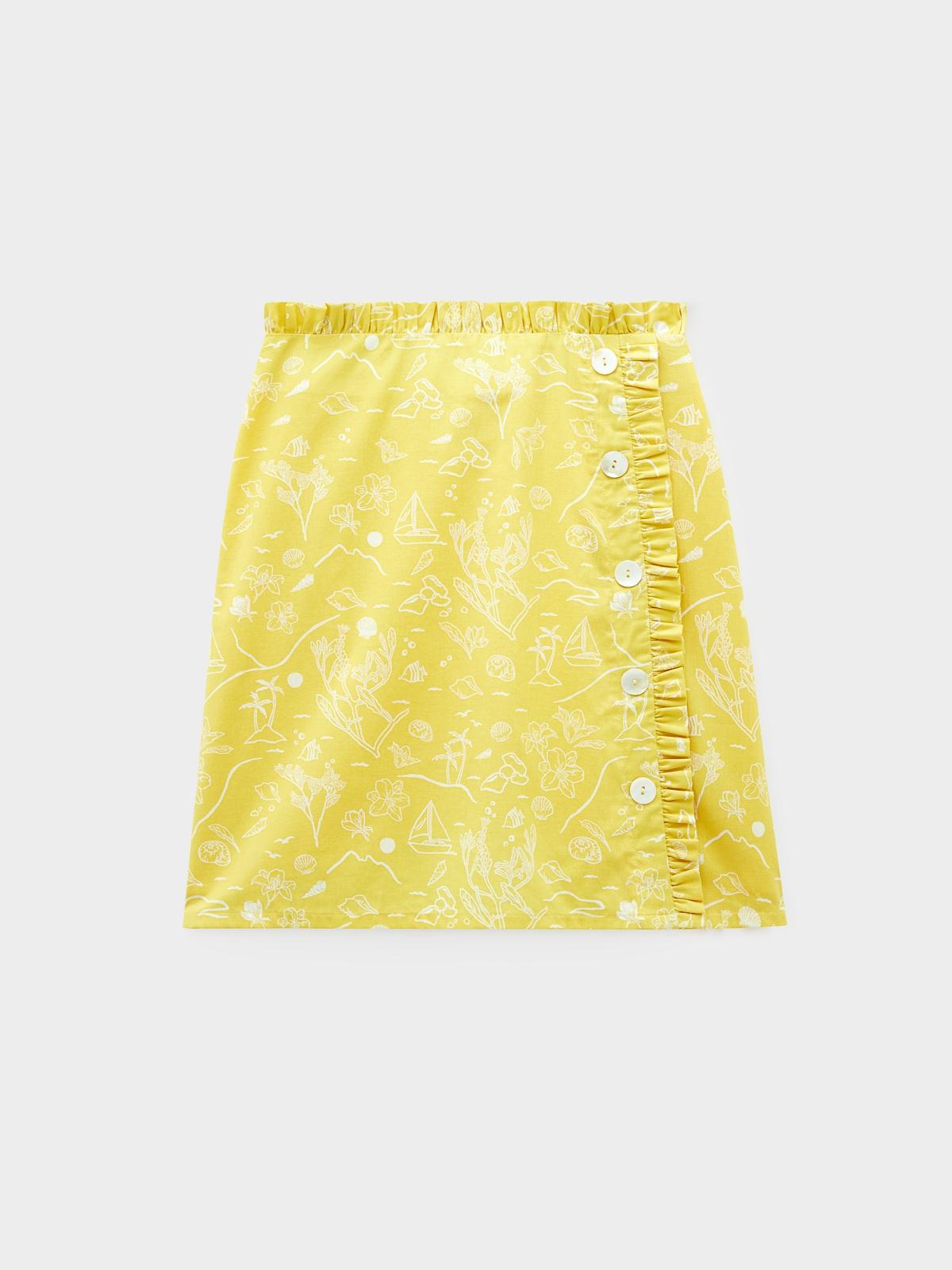 Purpose Beach Print Frill Button Up Skirt - Yellow