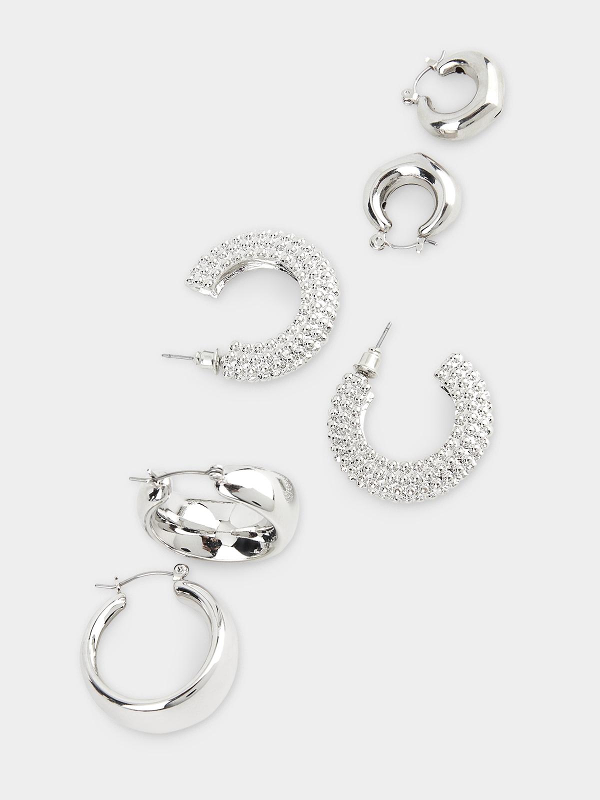Set of 3 Chunky Open Hoop Earrings - Silver