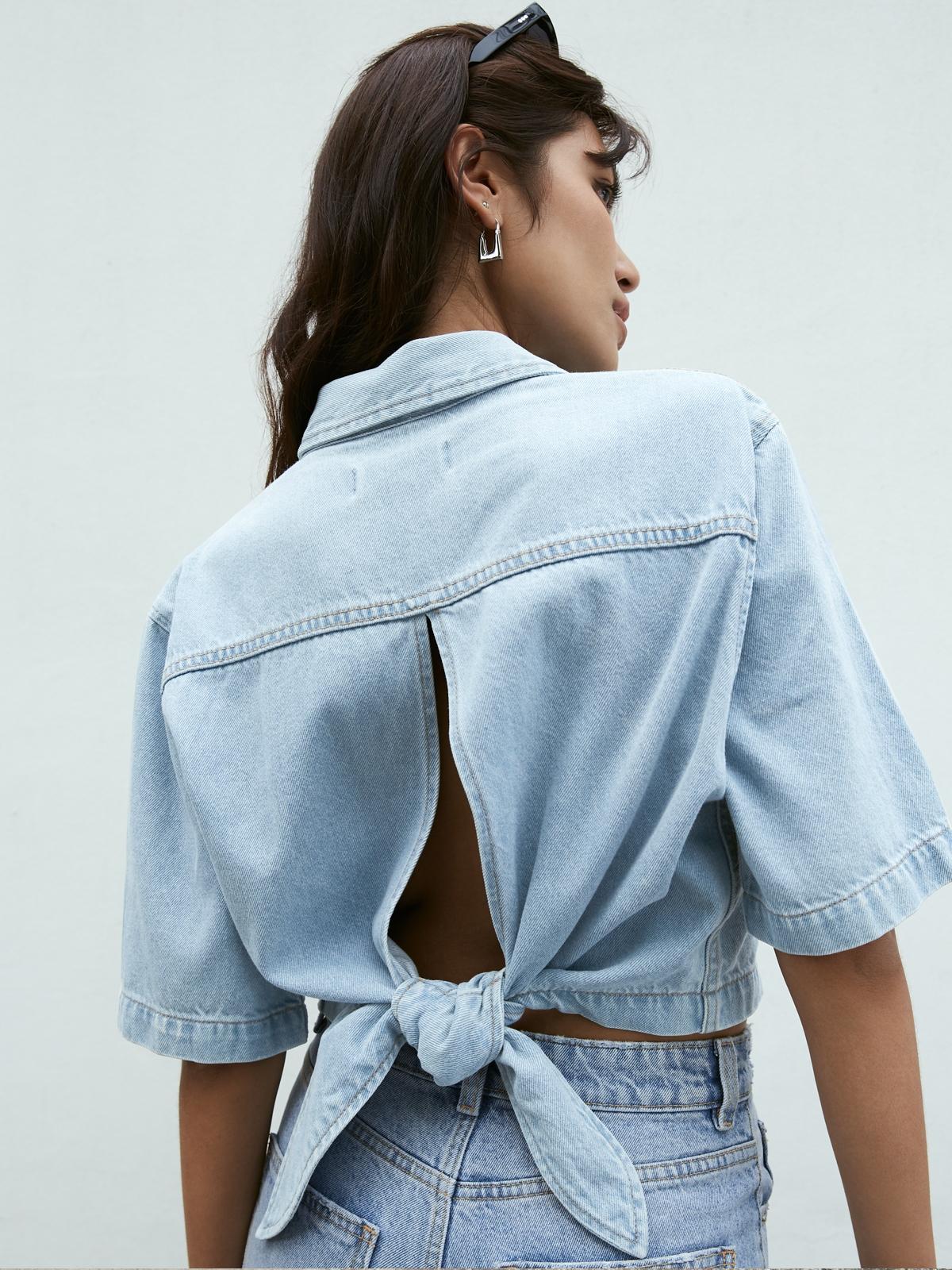 Sustainable Open Tied Back Crop Denim Shirt - Light Blue