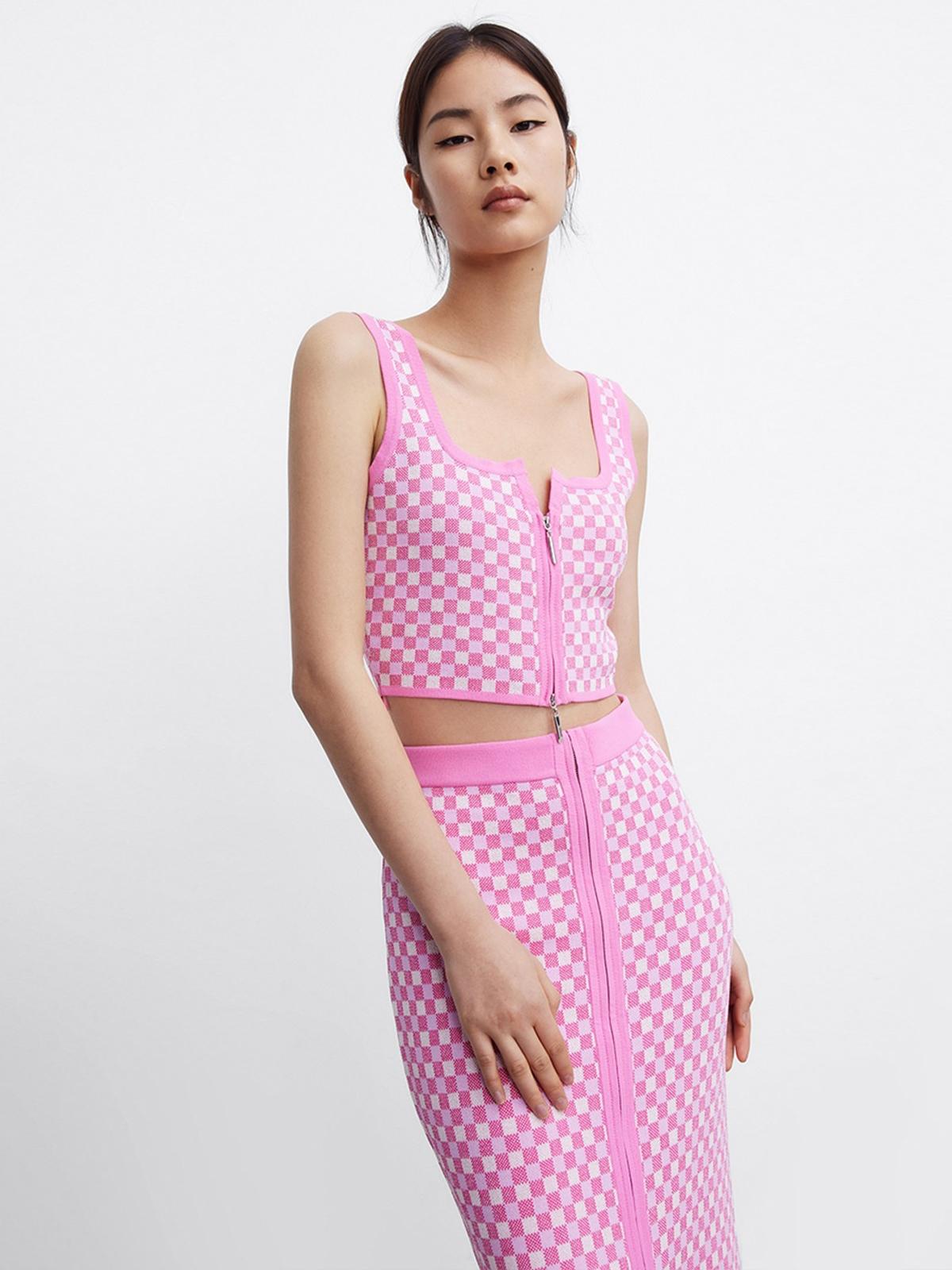 Zip Front Checkered Crop Top - Pink