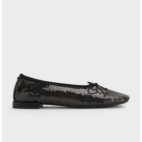  Sequin Mesh & Leather Bow Ballet Flats - Black Textured 