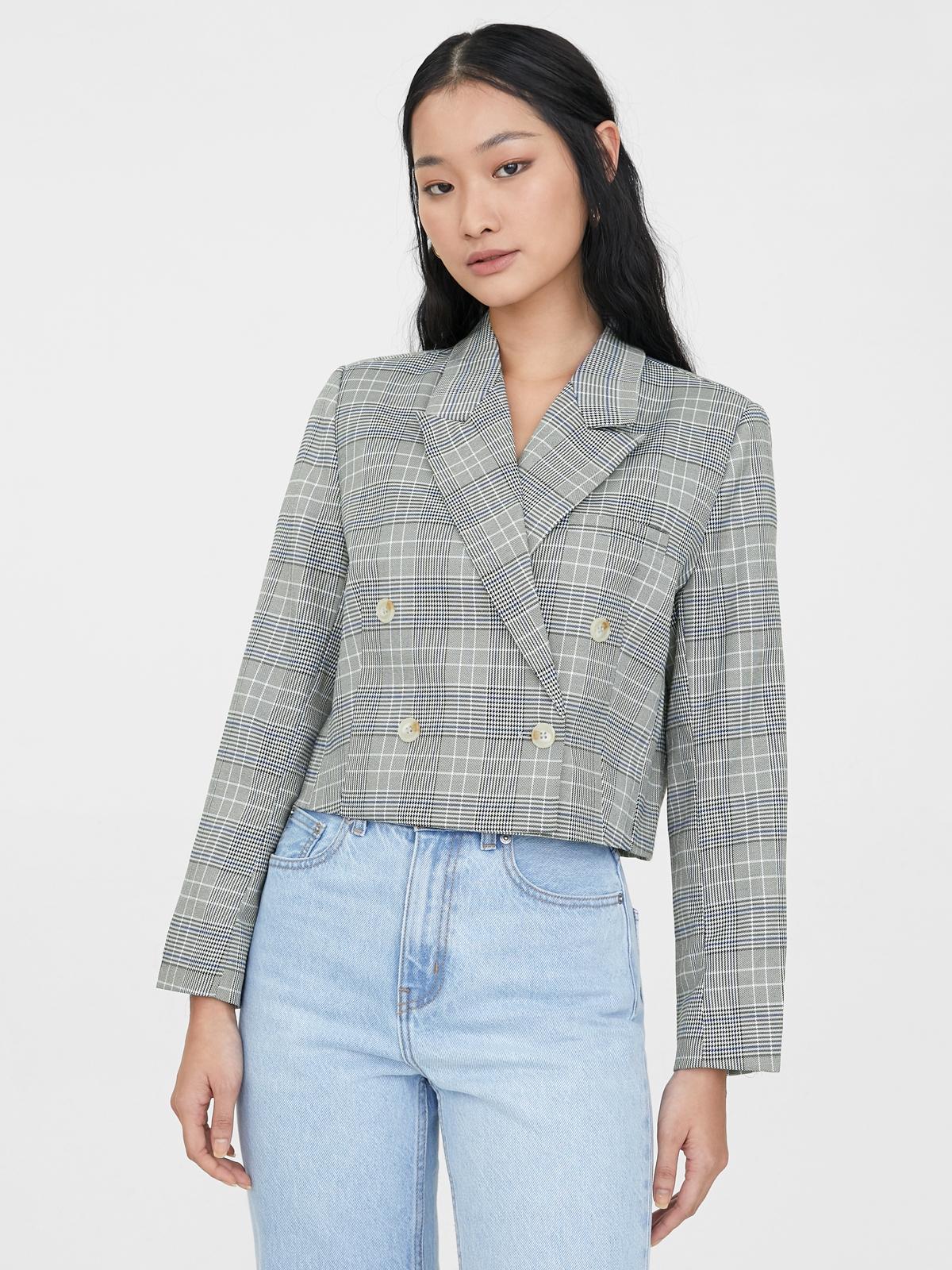 Plaid Crop Double Button Blazer - Black
