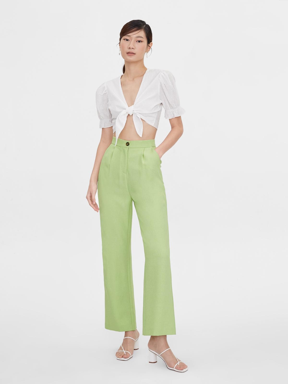 Single Button Wide Leg Pants - Green