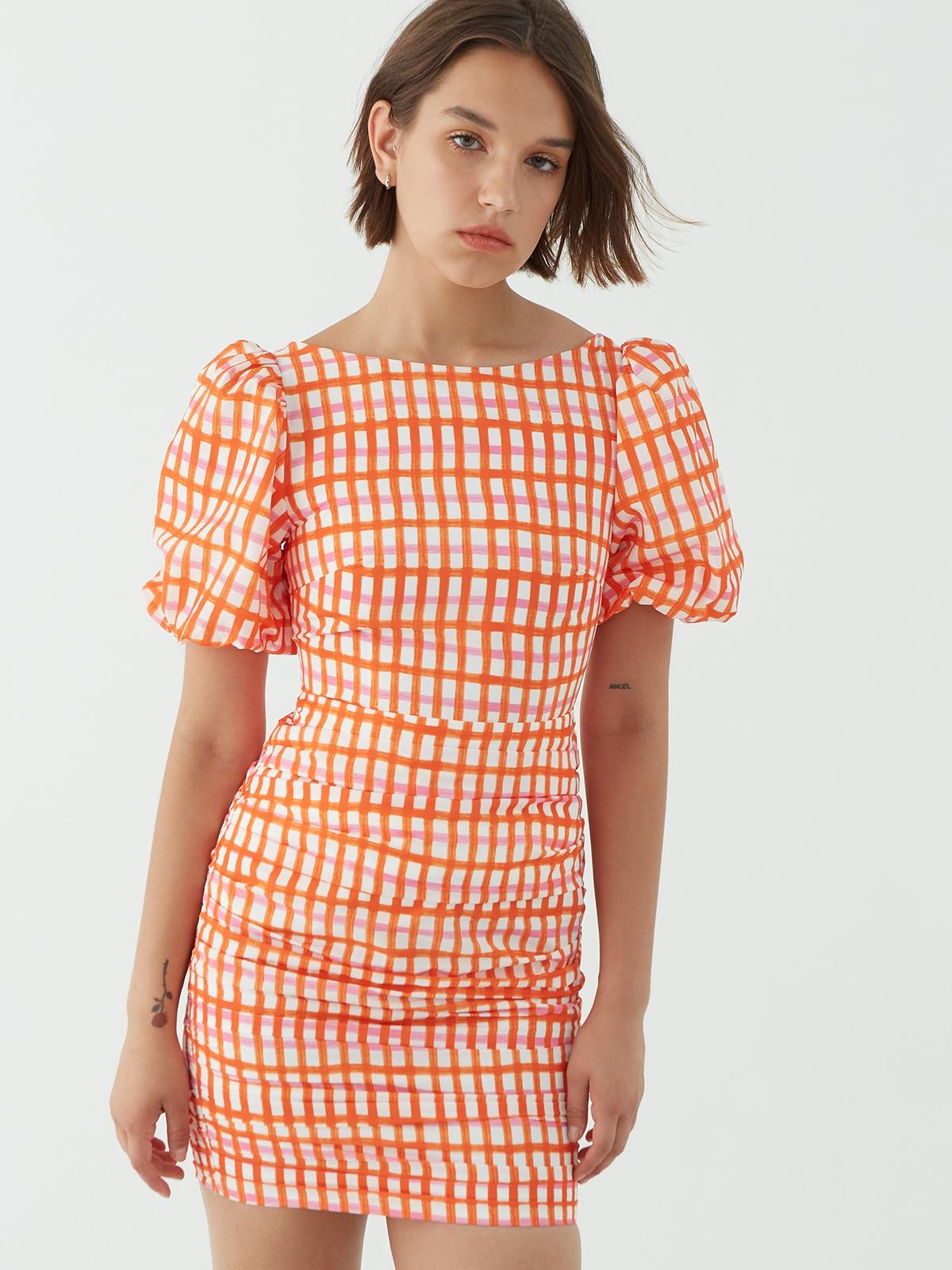 Gingham Puff Sleeve Mini Dress - Orange