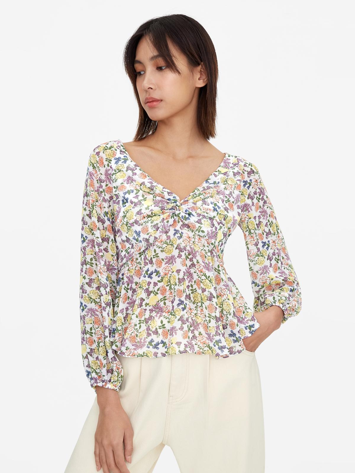 Front Knot Floral Flared Blouse - White
