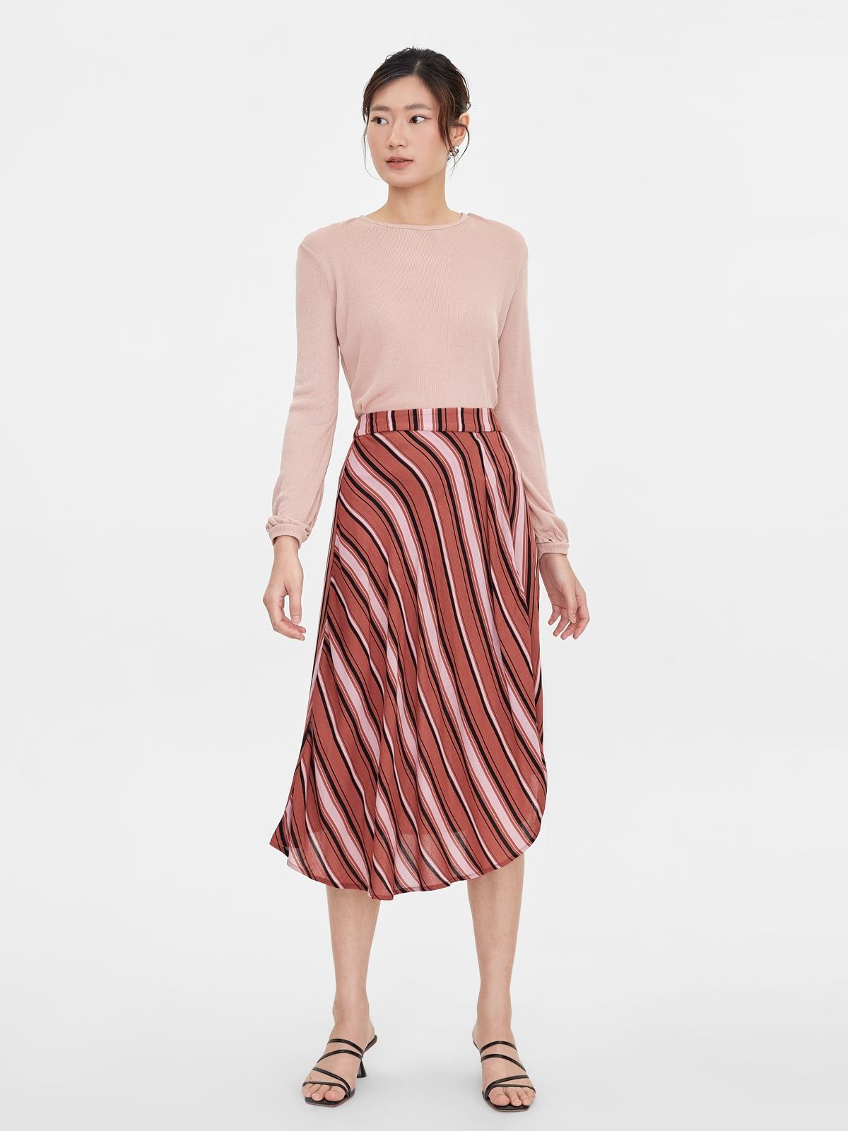 Striped Print Asymmetric Skirt - Red