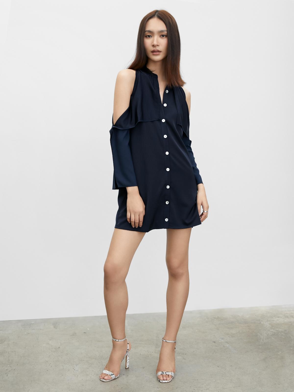 Cold Shoulder Button Up Dress - Navy