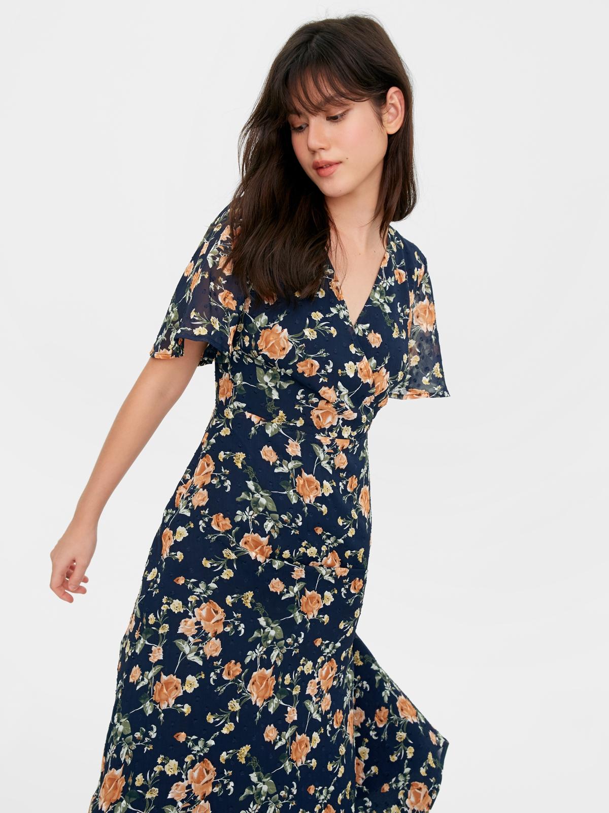 Flower Print Short Sleeve Midi Dress - Navy