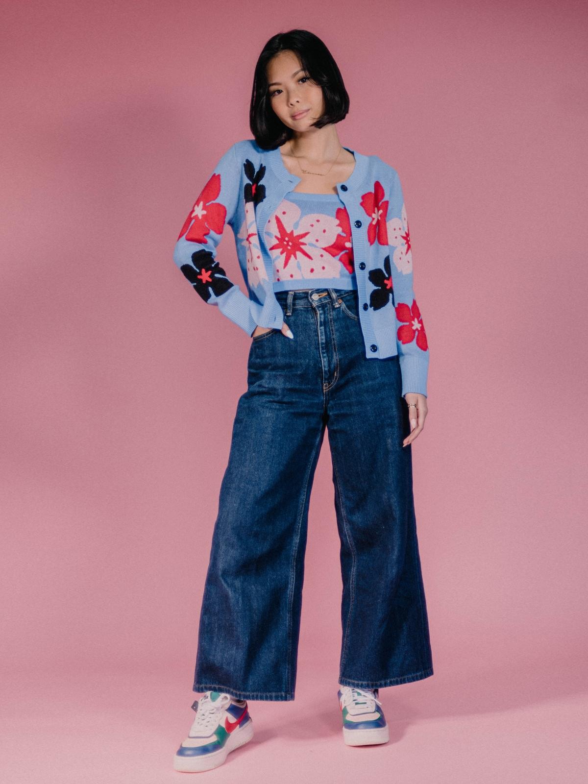 Sunflower Bloom Knit Cardigan - Blue