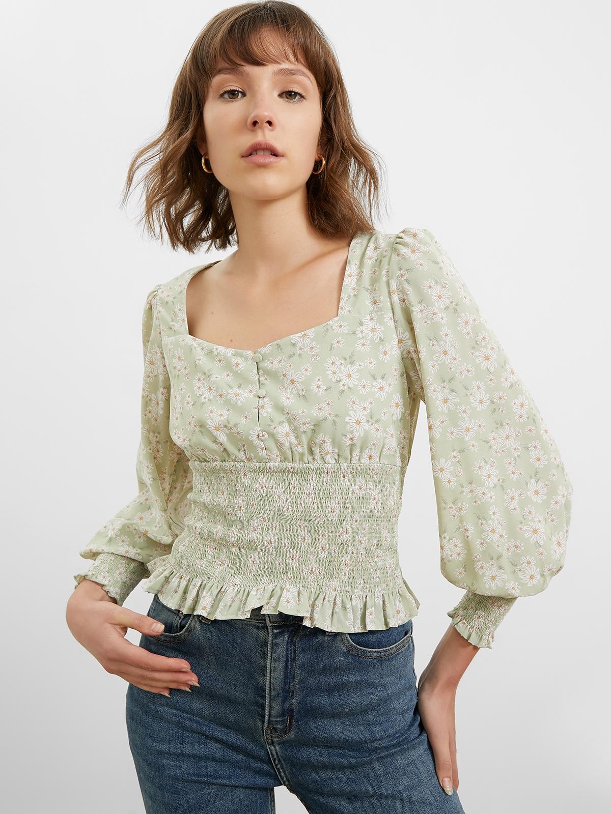 Long Sleeve Flower Blouse - Blue