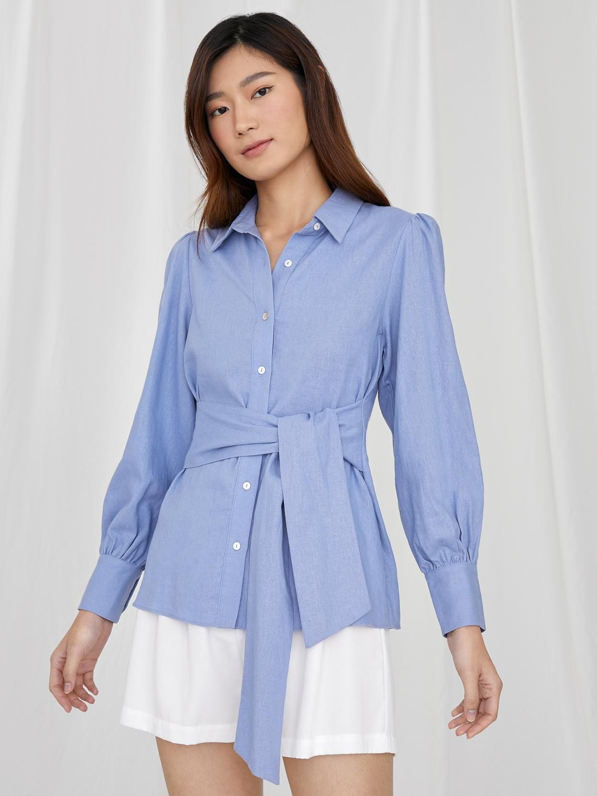 Purpose Front Tie Button Up Shirt - Blue