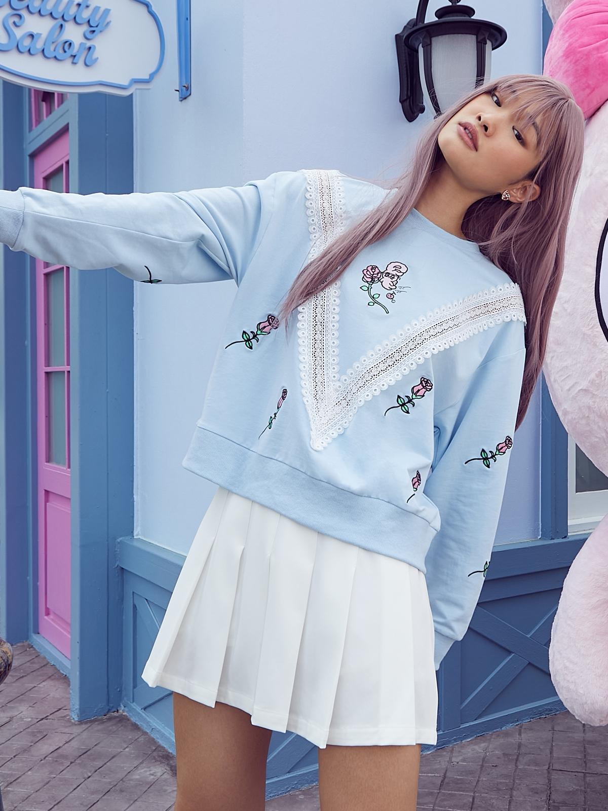 Rose Bunny Long Sleeve Sweatshirt - Light Blue