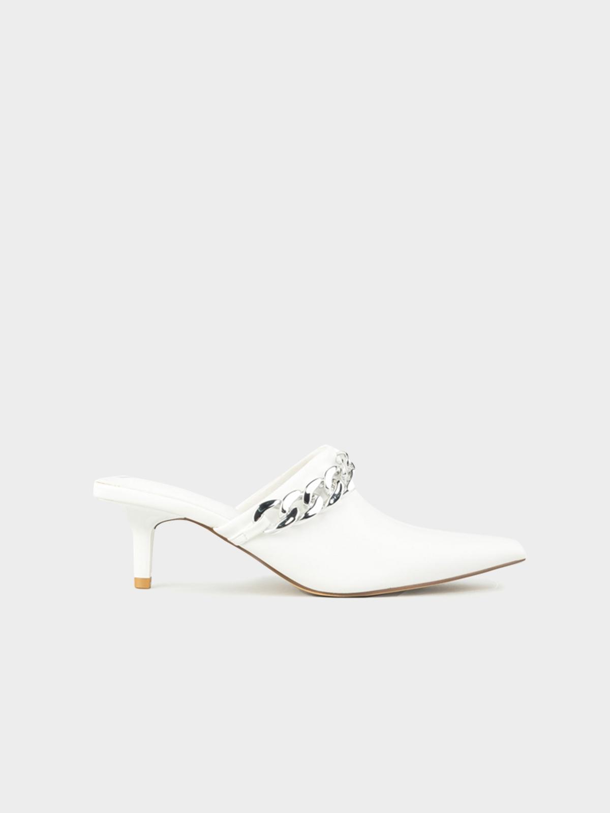 Metal Chain Pointy Toe Heel Mule - White
