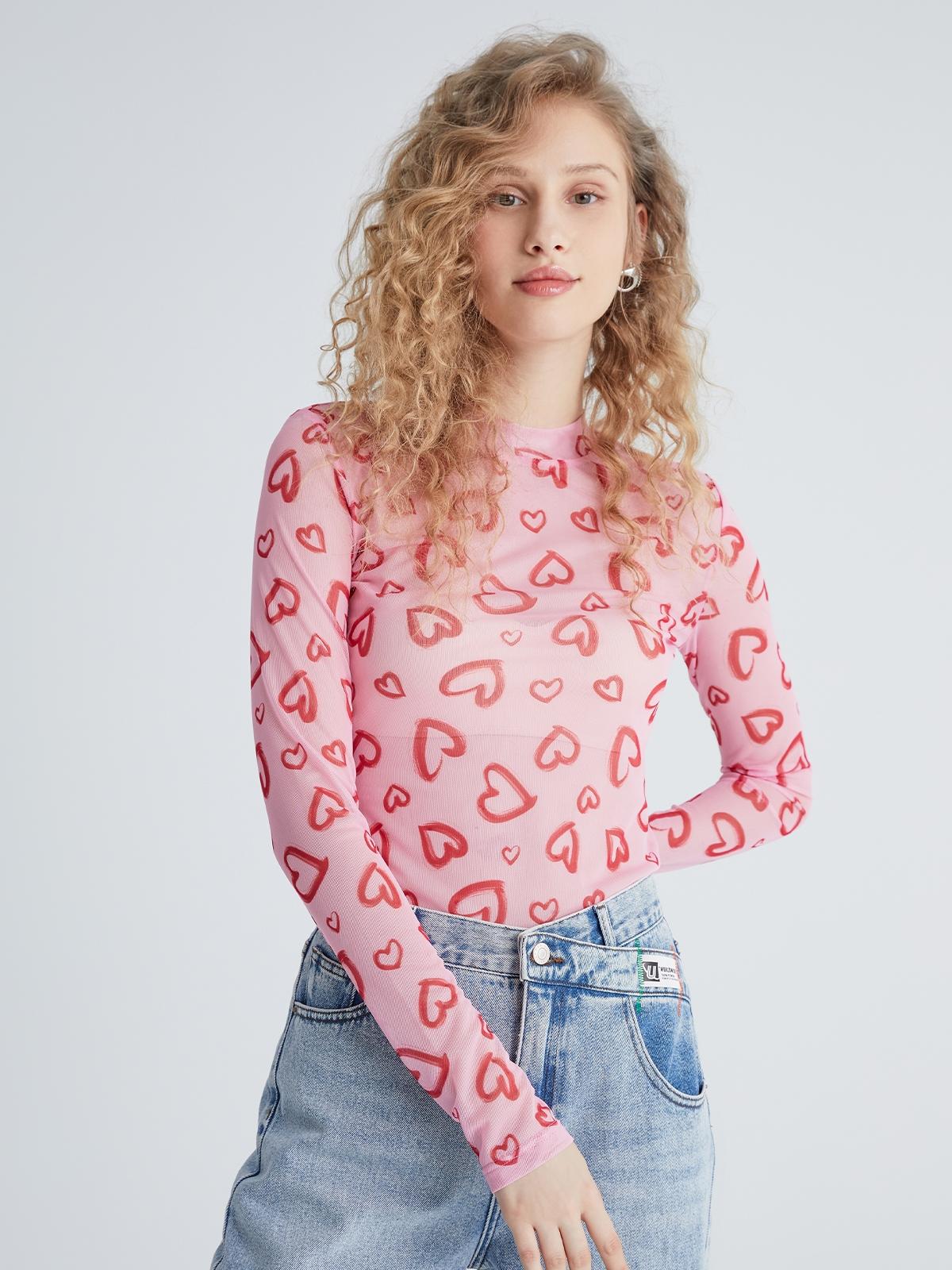 Heart Print Long Sleeve Tee - Light Red