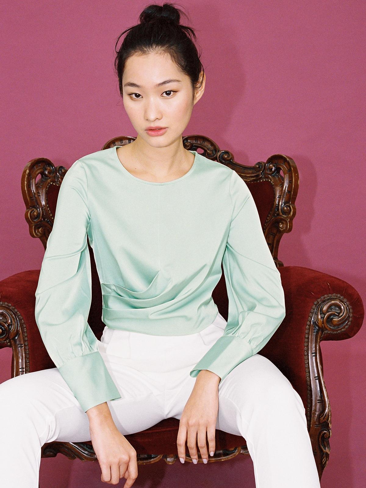 Draped Long Sleeve Satin Blouse - Green