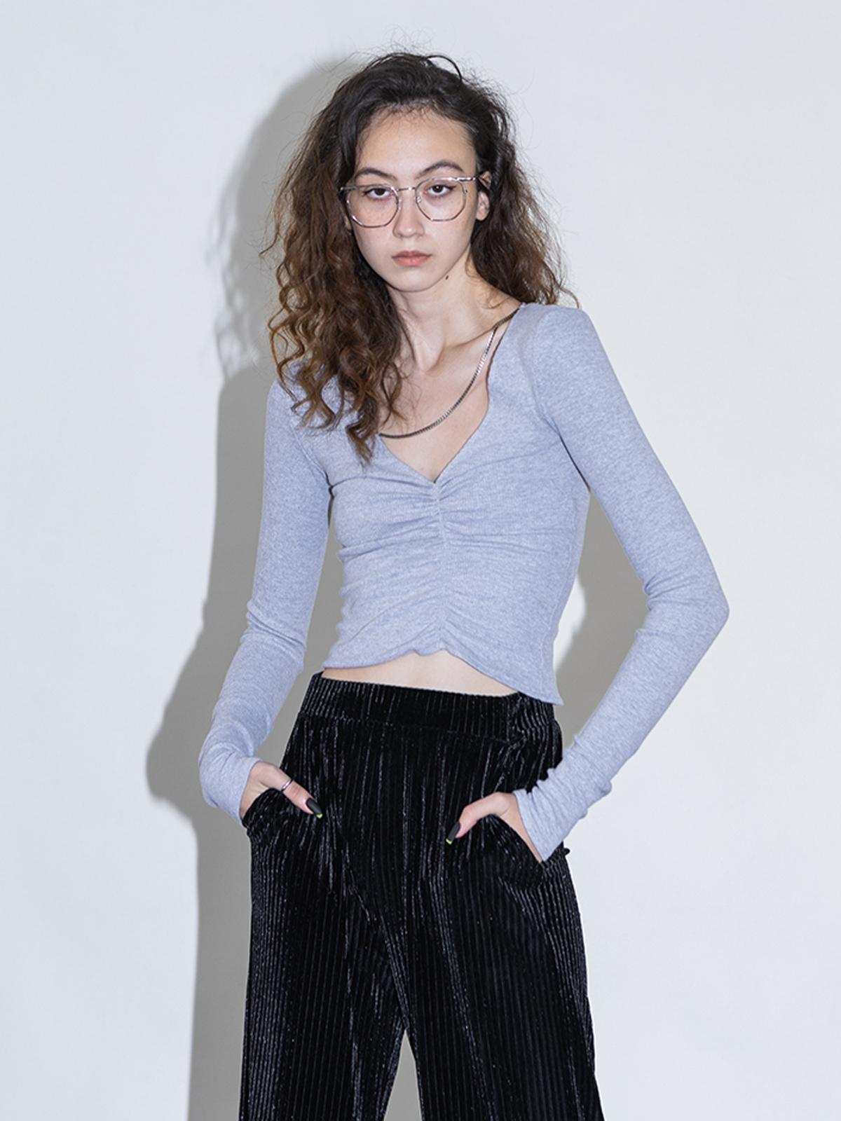 Silver Chain Pleated Short T-Shirt - Grey Silver Chain Pleated Short T-Shirt - Grey