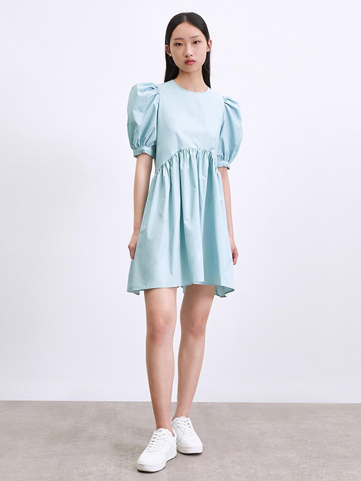 Puffed Sleeve Mini Dress - Dusty Blue