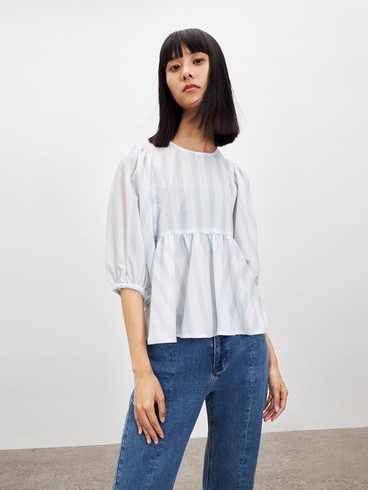 Ruffled Hem Bishop Sleeve Blouse - Light Blue
