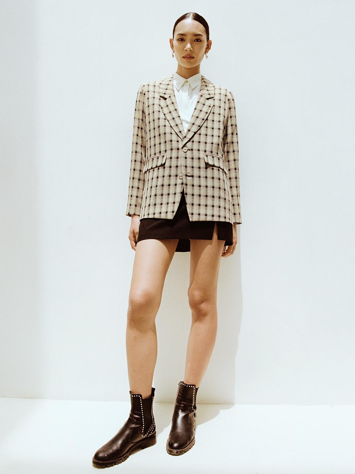 Plaid Double Button Blazer - Brown