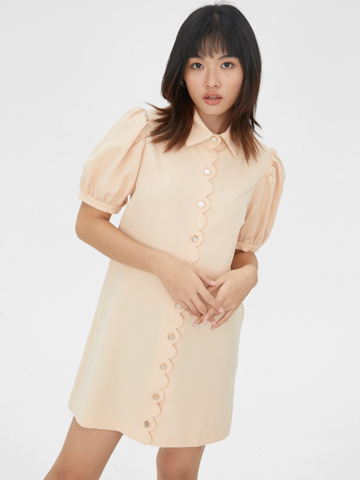 Puffed Sleeves Button Up Dress - Beige