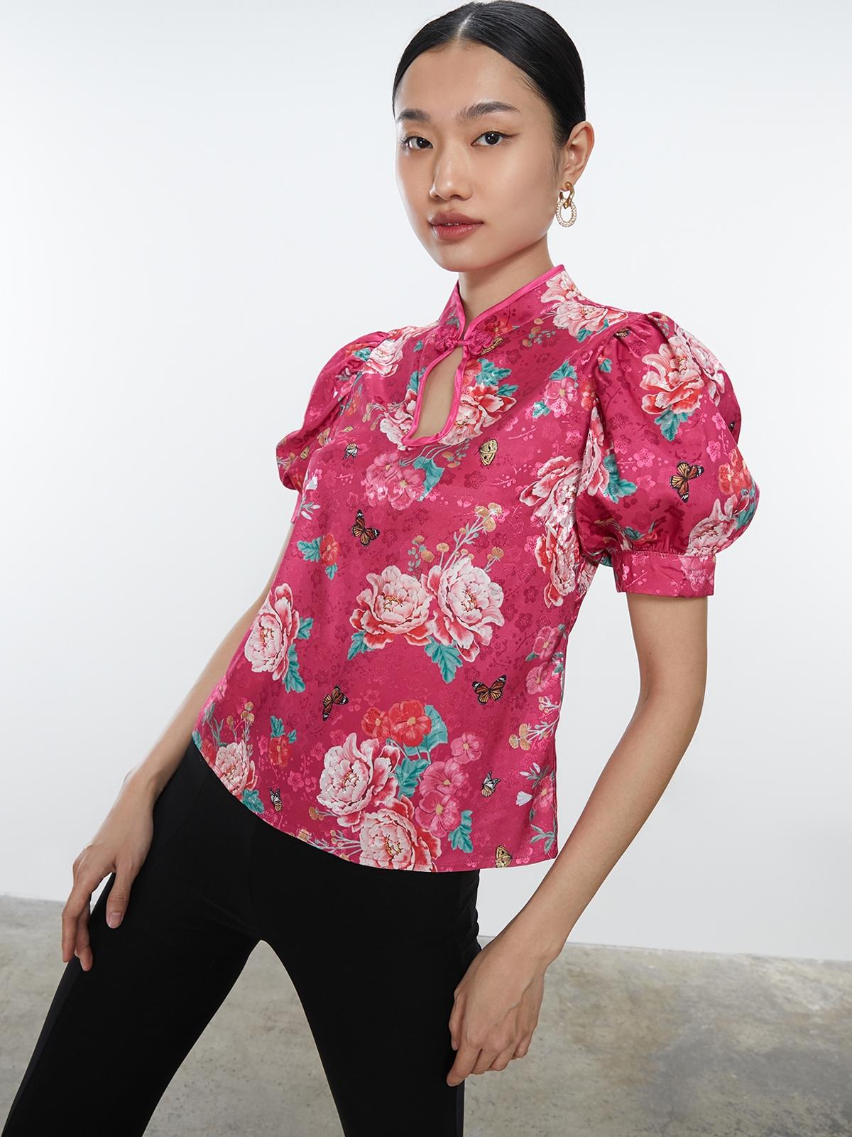 Keyhole Puffed Sleeve Top - Fuchsia