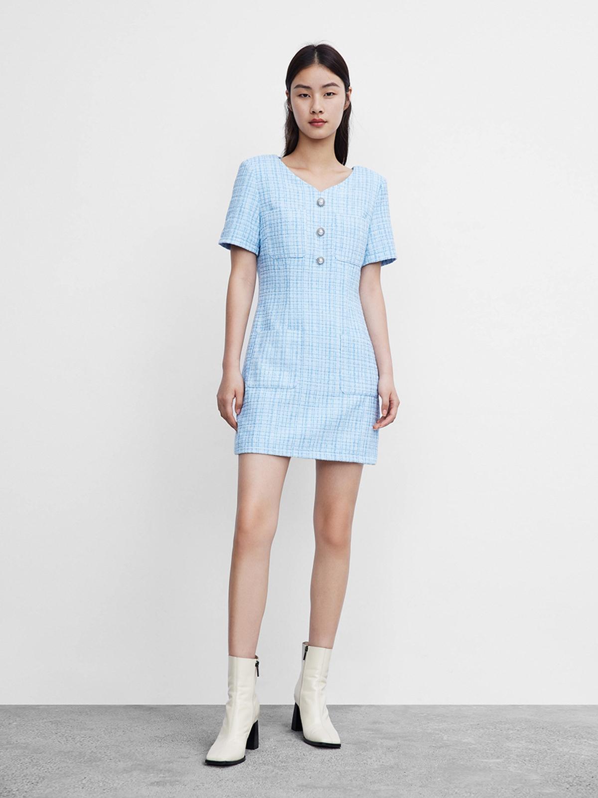 Front Buttoned Mini Dress - Baby Blue