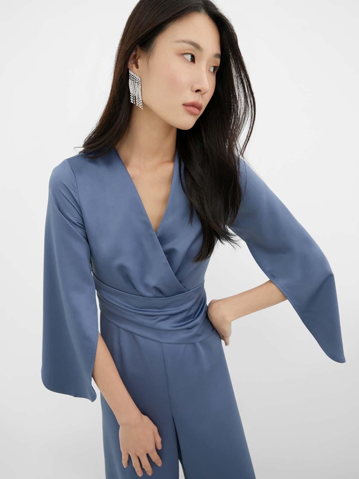 Asymmetric Sleeve V Neck Jumpsuit - Dark Blue
