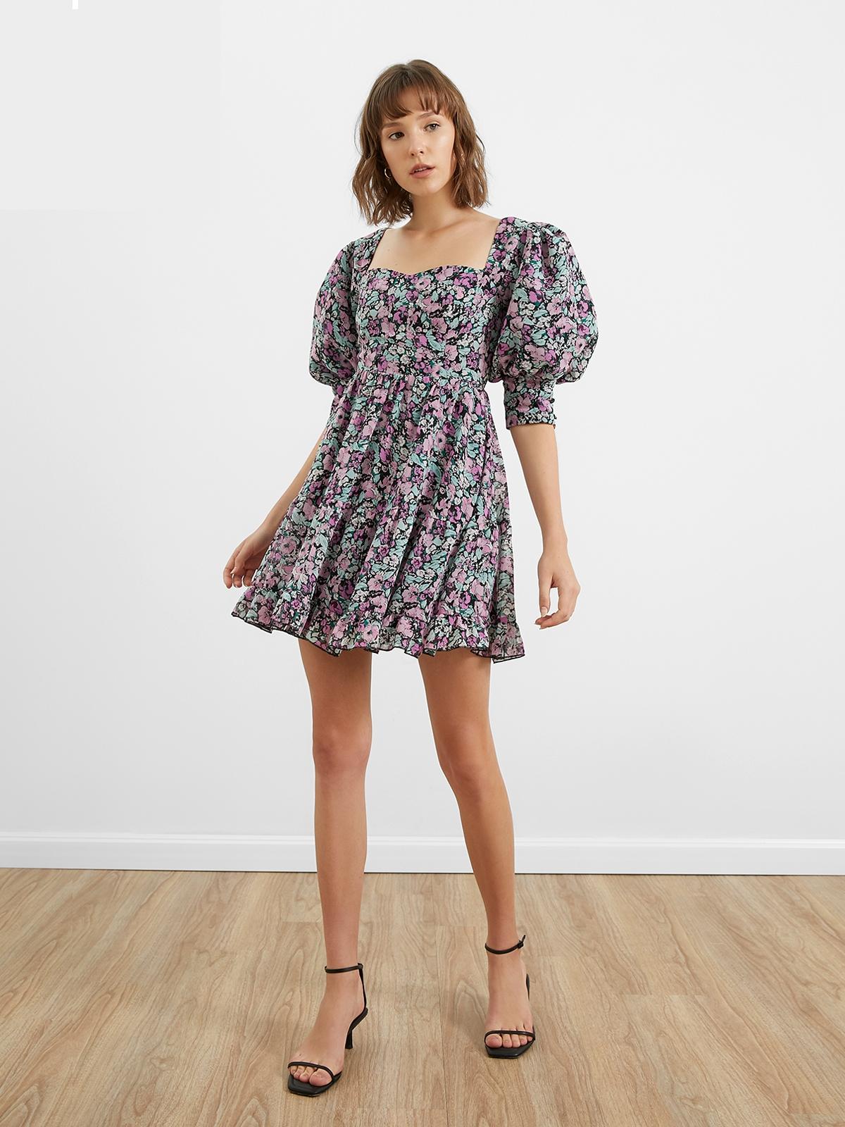 Puffed Sleeve Floral Dress - Black
