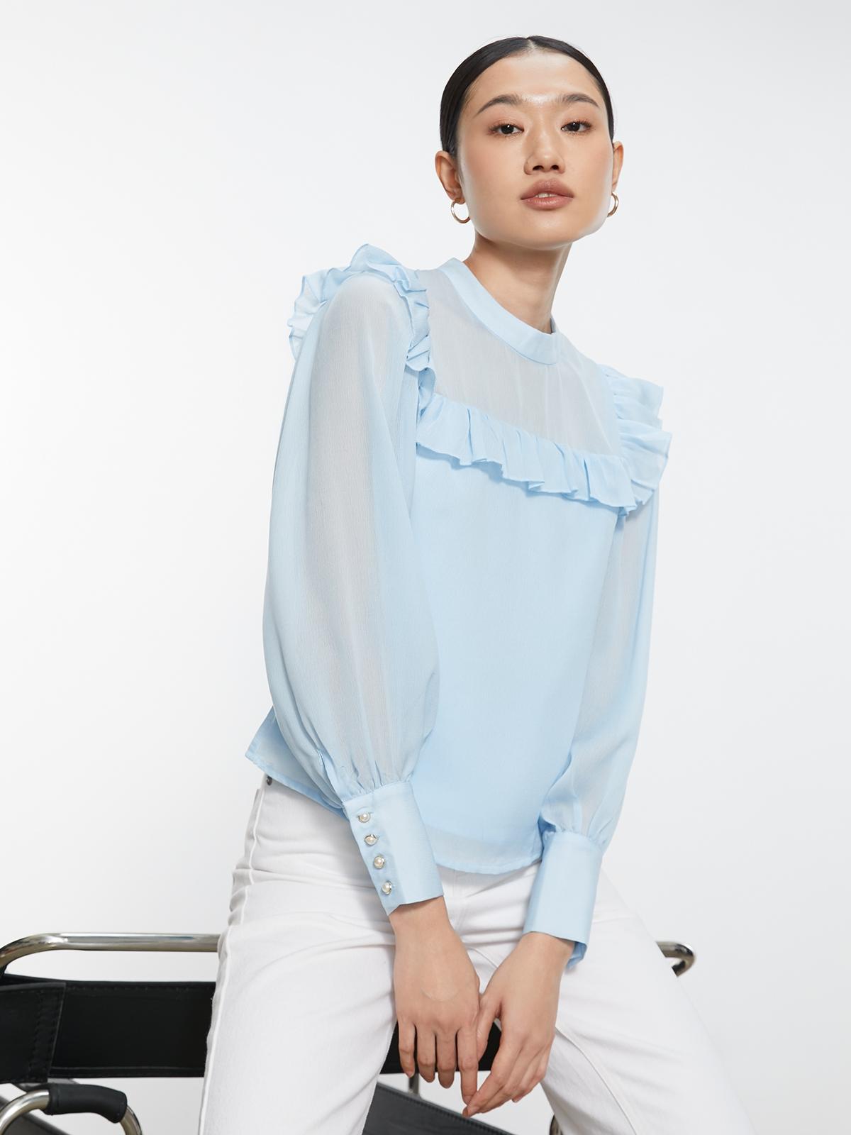 Frilled Long Sleeves Blouse - Blue