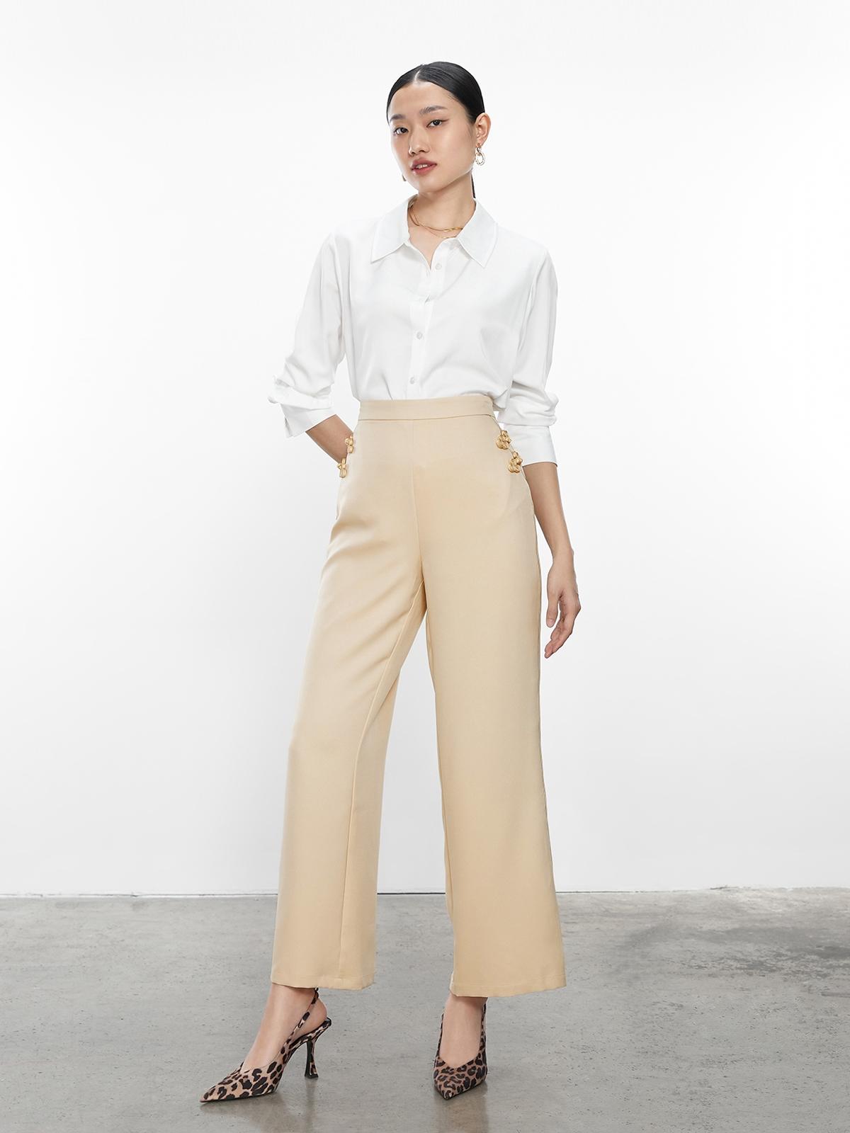High-Waisted Cheongsam Buttoned Pants - Cream