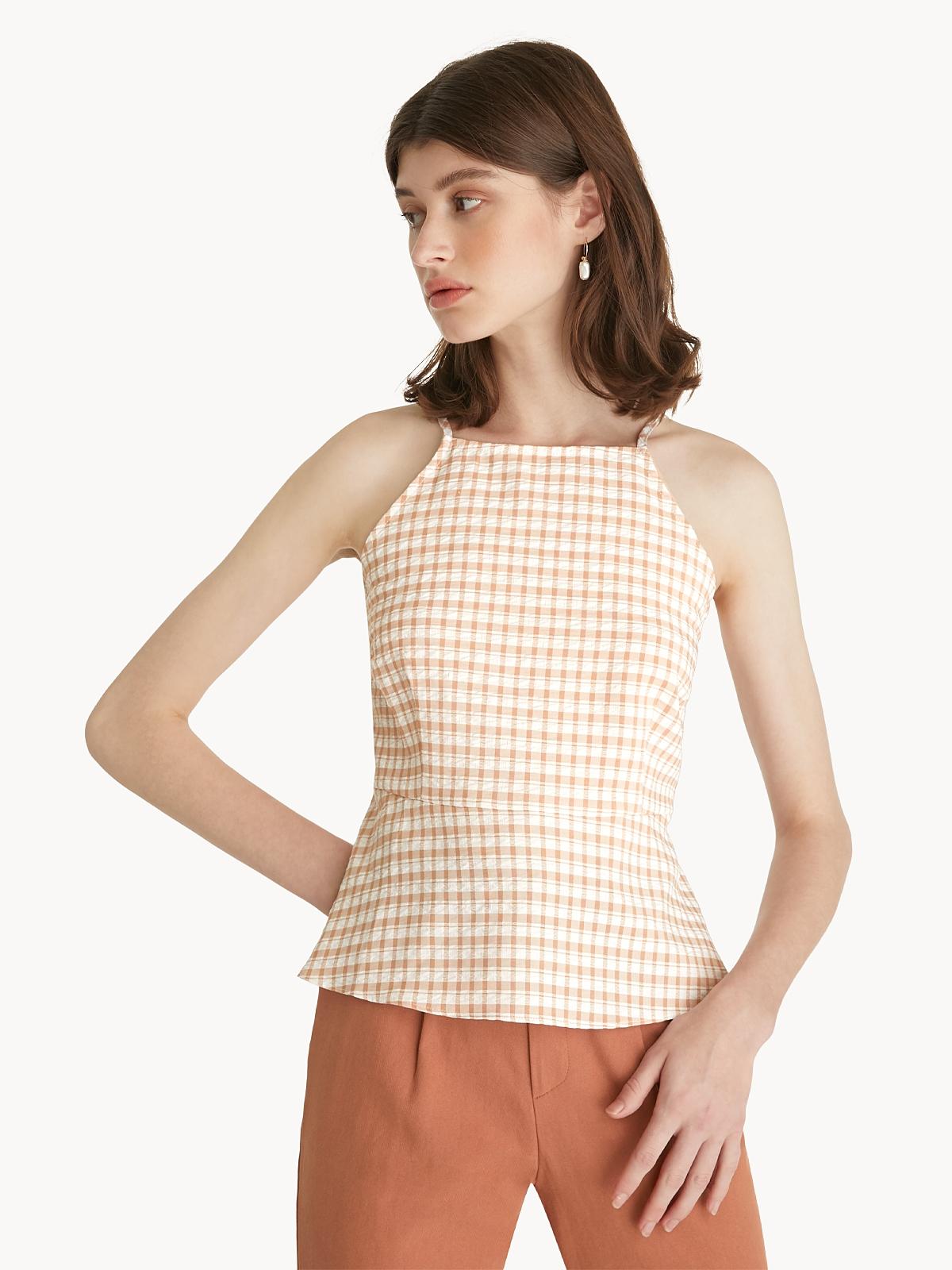 Gingham Peplum Top - Brown