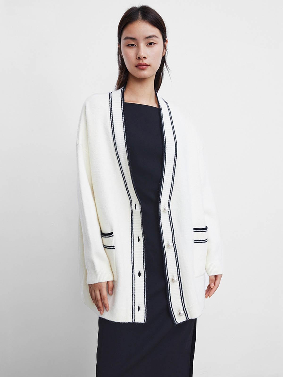 Contrast Trim Knit Cardigan - White
