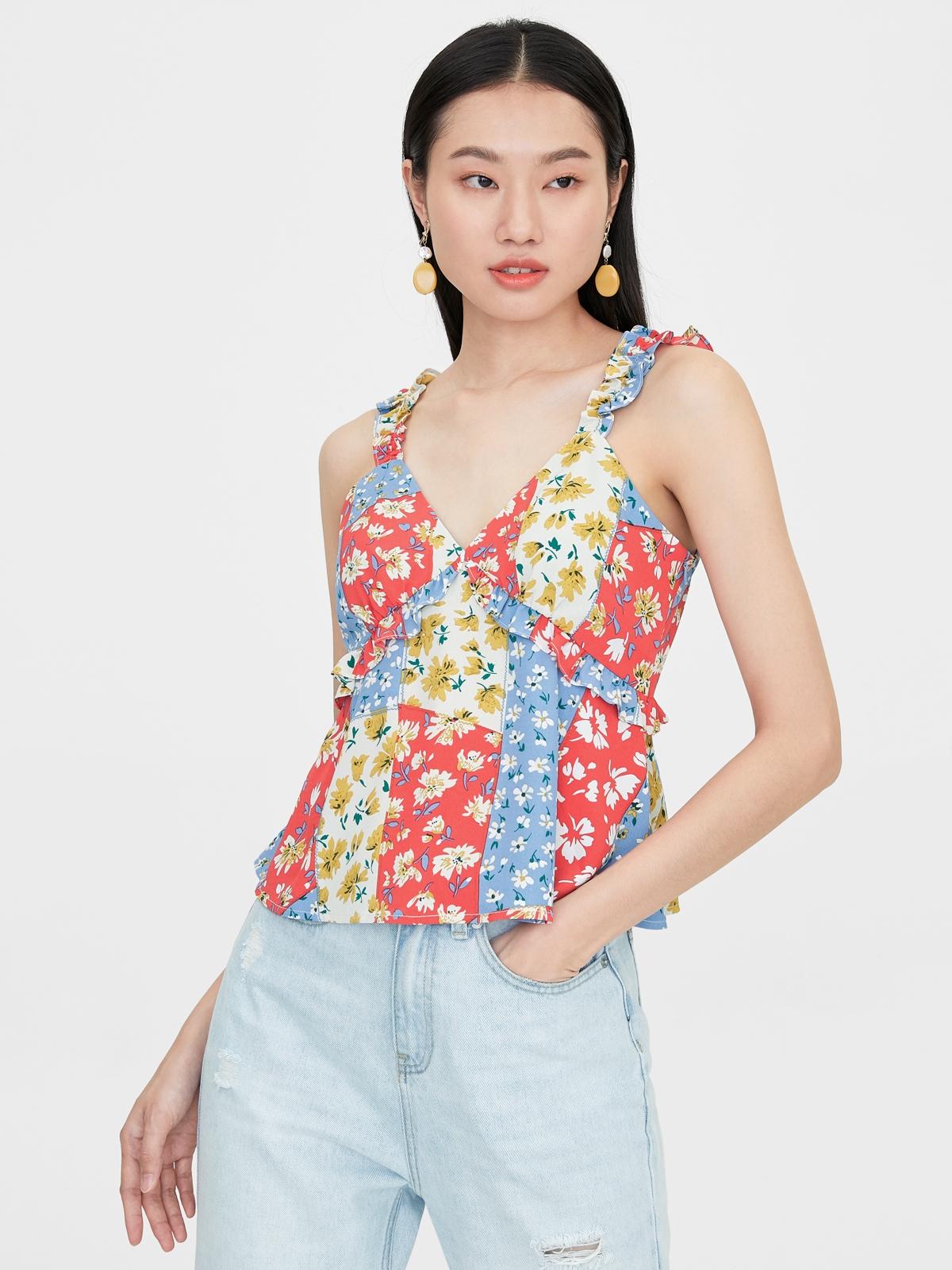 Floral Ruffle Strap Cami - Blue