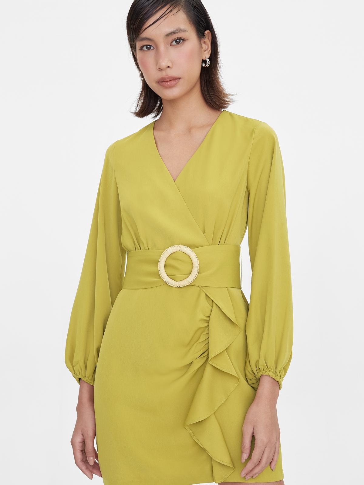 Ruffled Buckle Belt Dress - Green