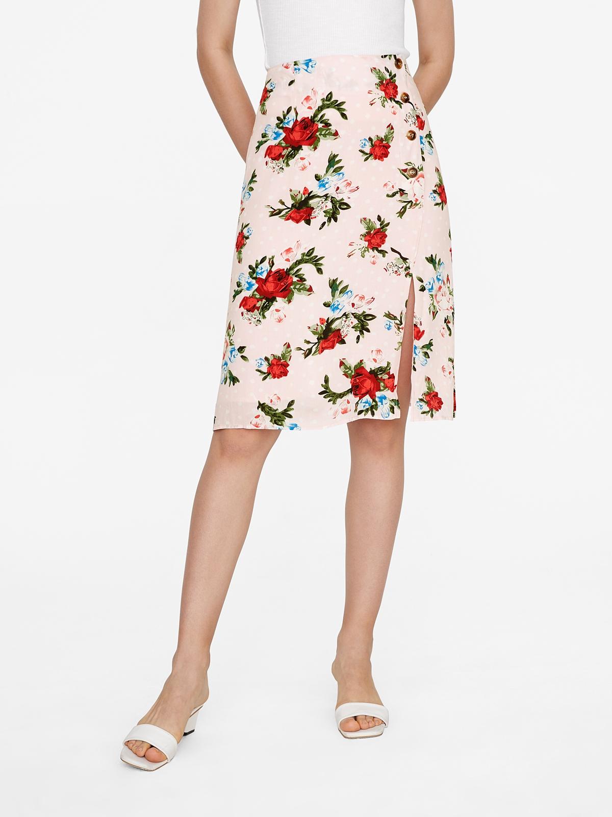 Button Detail Slit Floral Skirt - Pink
