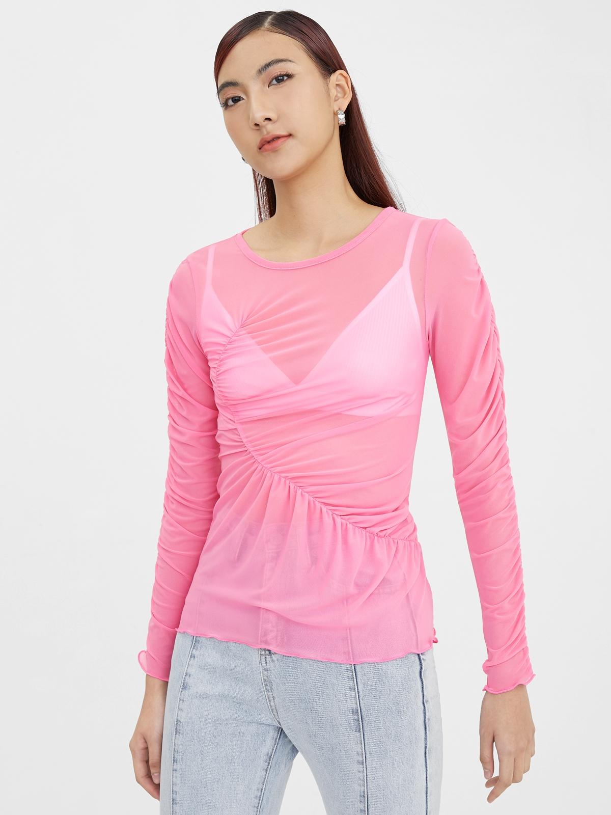 Ruched Frill Hem Sheer Top - Pink