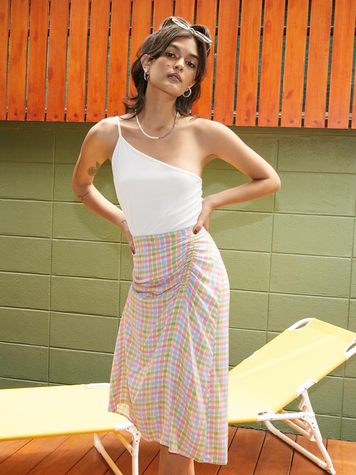 Colorful Gingham Ruched Skirt - Pink