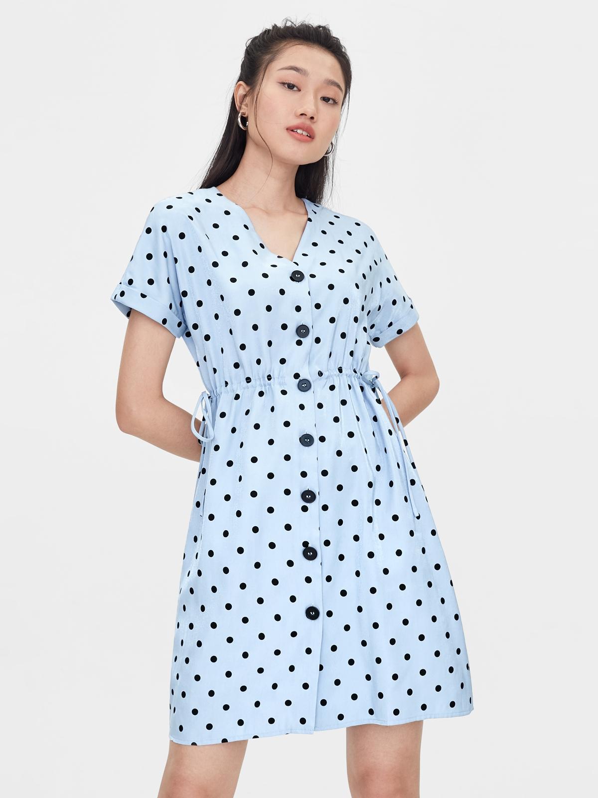 Polka Dot V Neck Cinched Dress - Blue